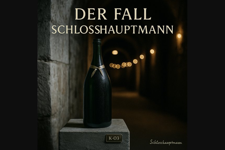 Cover der Serie „Schlosshauptmann“, Folge 1 „Der Fall Schlosshauptmann“ – grüne Magnum im kühlen Schlossgang mit Satinband