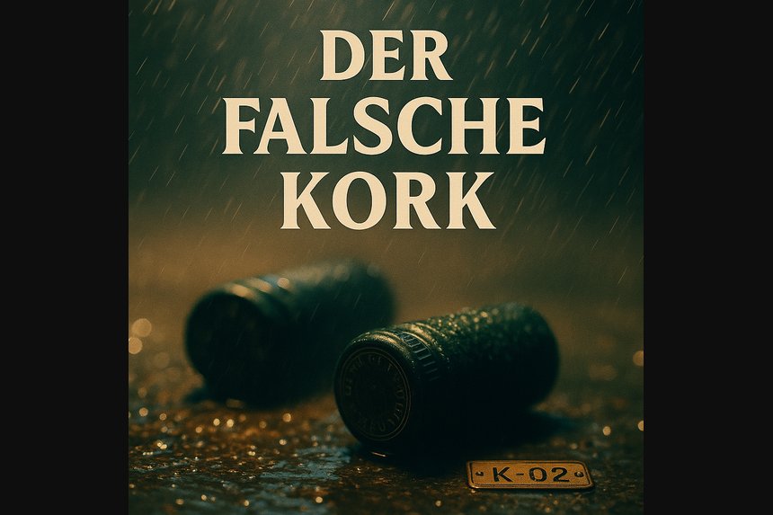 Cover Folge 2 „Der falsche Kork“ – zwei grüne Schraubkappen, Regenhof, Lupe auf Deckelprägung