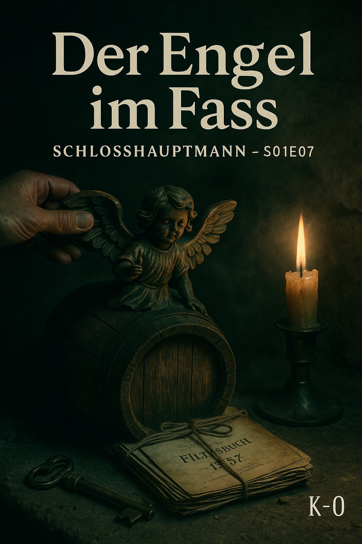 Cover Folge 7 „Der Engel im Fass“ – Holzengel am Fass, braunes Packpapier, alte Protokolle